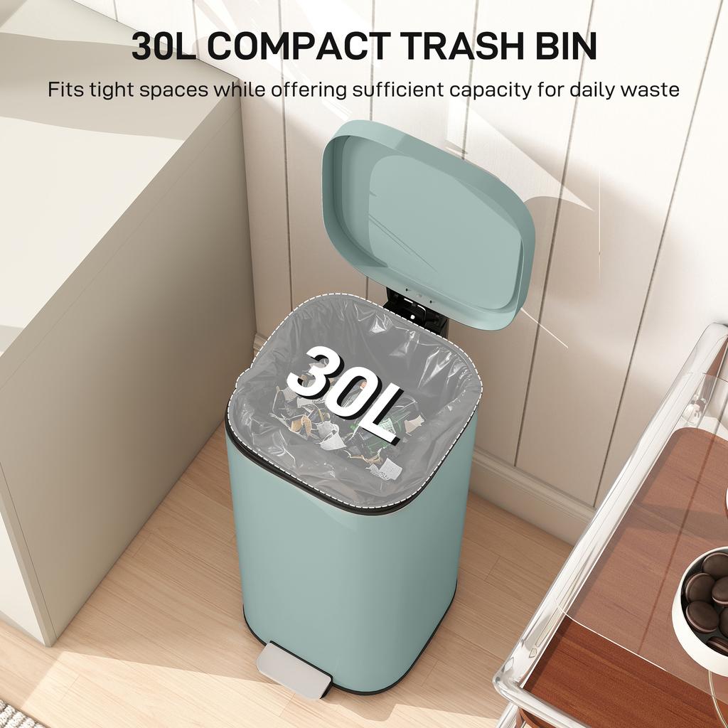 30L Kücheneimer, Kompakter Tretmülleimer mit Soft-Close und Stay-Open Deckel, Herausnehmbarer Inneneimer für Küche, Zuhause, Büro, Grün