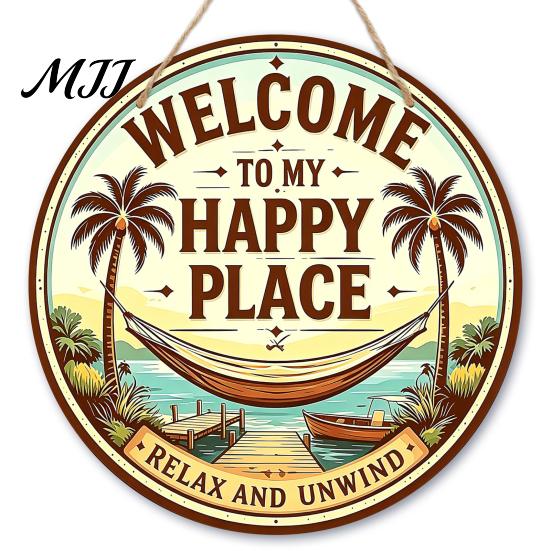 Natural Hemp Rope Sign Hello Summer Door Sign, Spring Beach Flowers Welcome Wooden Round Hanging Decor Front Plaque for Wall, Outdoor Porch