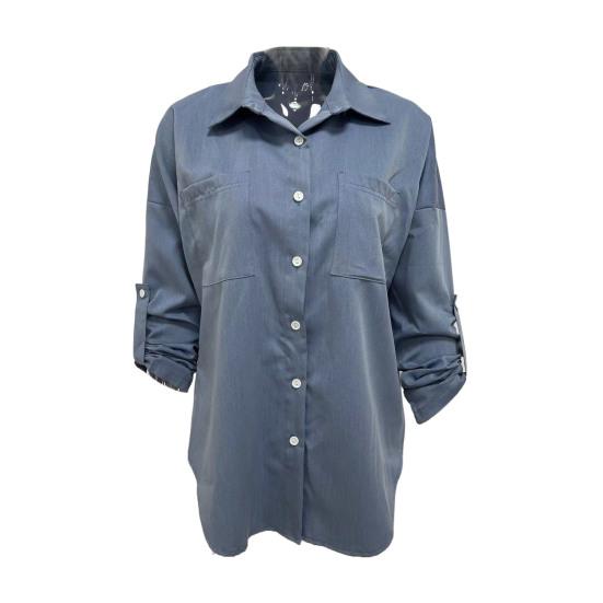 Women Denim Shirt Spring Autumn Lapel Long Sleeve Solid Patch Pockets Shirt Breasted Color Single Casual Shirt