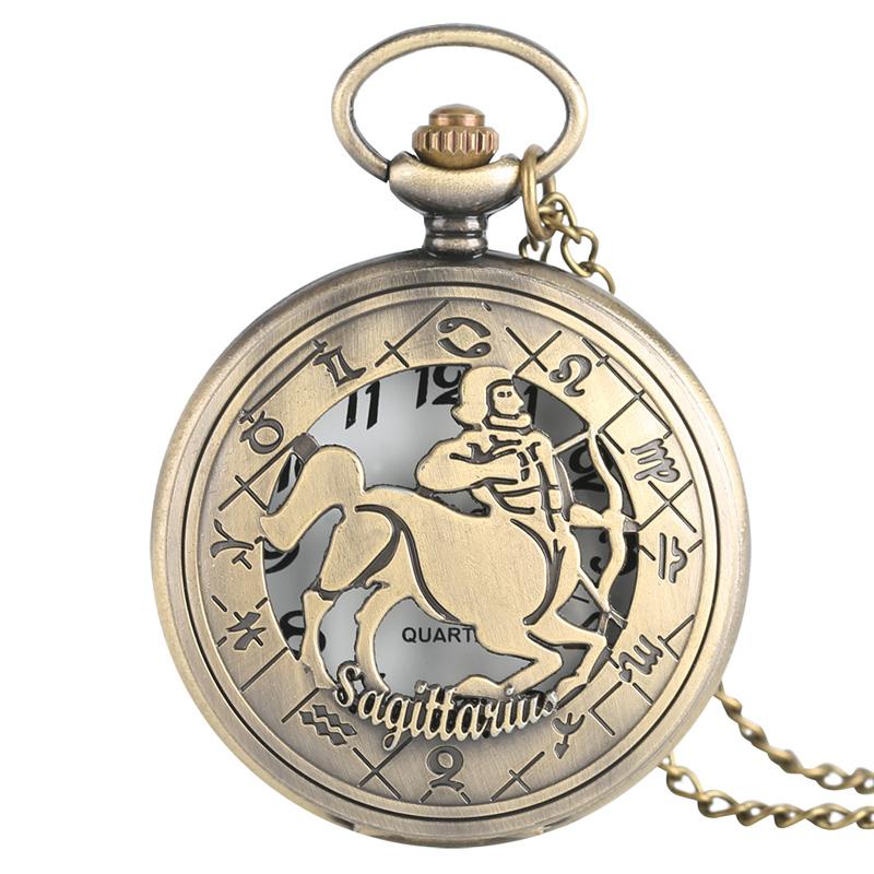 12 Constellation Astrology Zodiac Retro Pocket Watch Bronze Necklace Pendant Mens Women Hollow Flip Cover Quartz Christmas Gifts