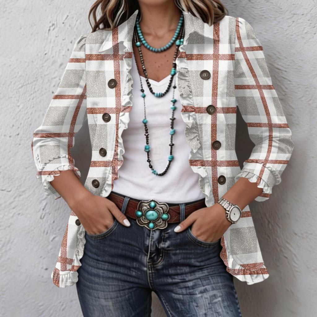 Women's Plaid Print Long Sleeve Ruffle Button-Down Top