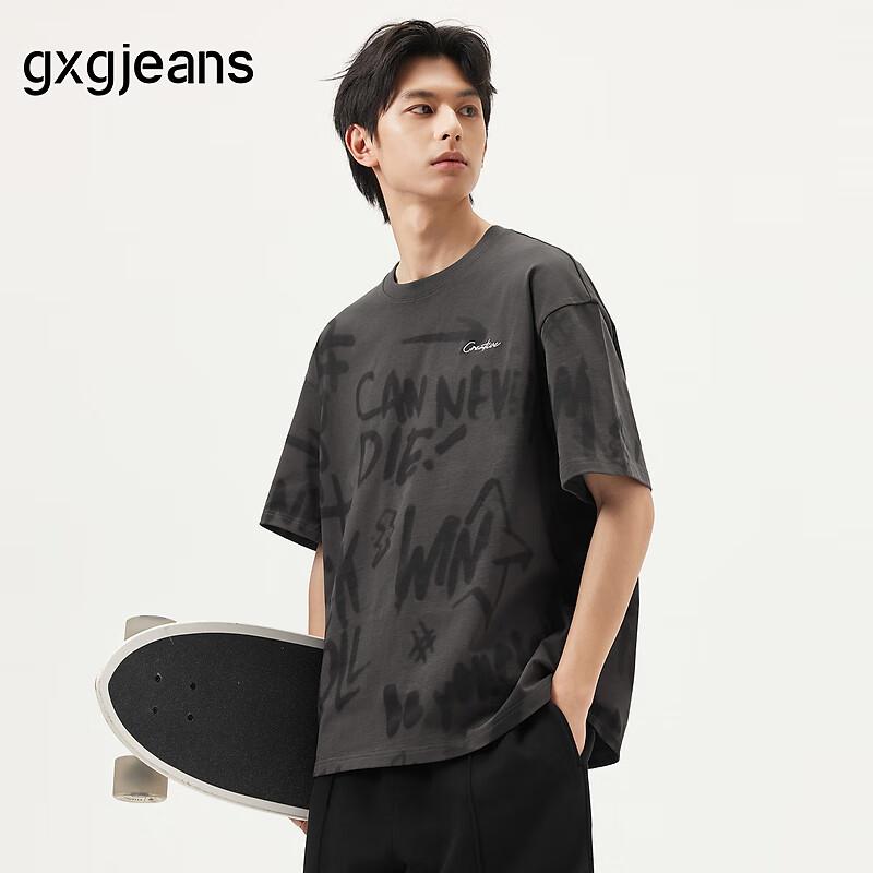 GXGJEANS Men s Graffiti Letter Print Crew Neck T-Shirt L