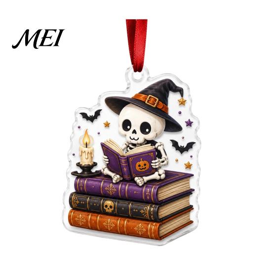 Holiday Party Decoration Halloween Reading Ghost Hanging Ornament, Acrylic Holding Book Pumpkin Festive Decorations Black Cat Mummy Decor, 2D Cartoon