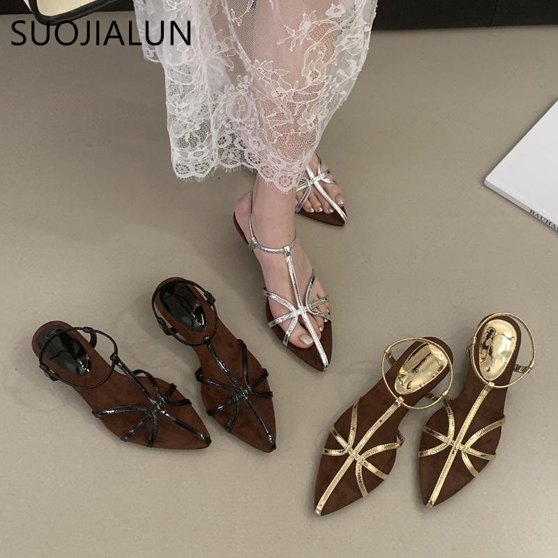 Fashion SUOJIALUN 2025 Summer New Brand Women Sandal Fashion Narrow Band Gladiator Shoes Thin Low Heel Outdoor Dress Pumps Sandal Shoes