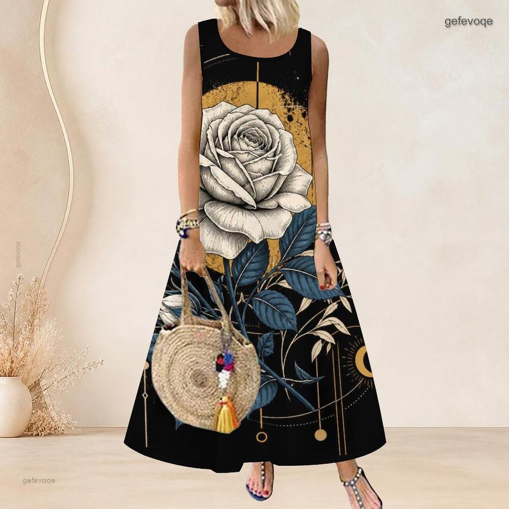 Women Plus Size Sleeveless Scoop Neck A Line Long Dress Black Purple Feather Printed