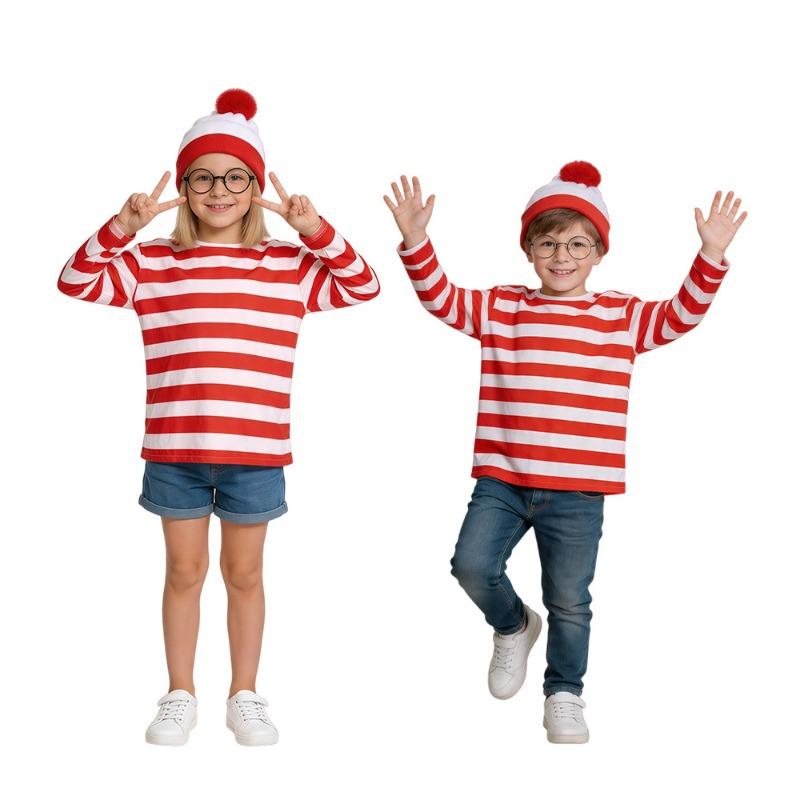 Smart Wally Where s Wally Anime Character Cosplay Suit Halloween Red Stripe Suit 110 (children)