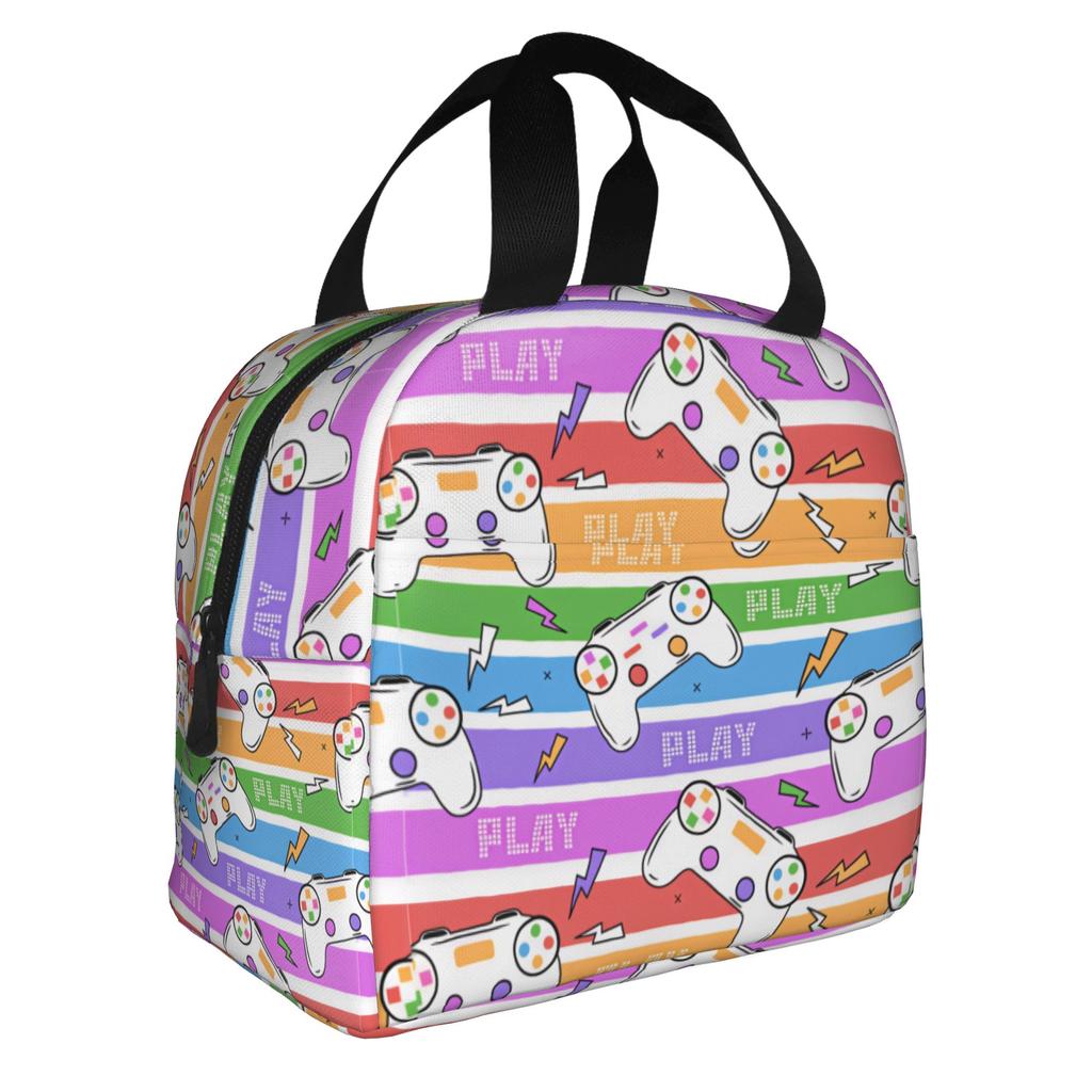 Featuring Neon Game Joystick Controllers Lunch Bag Women Geometric Thermal Cooler Insulated Lunch Boxes for Adult Office