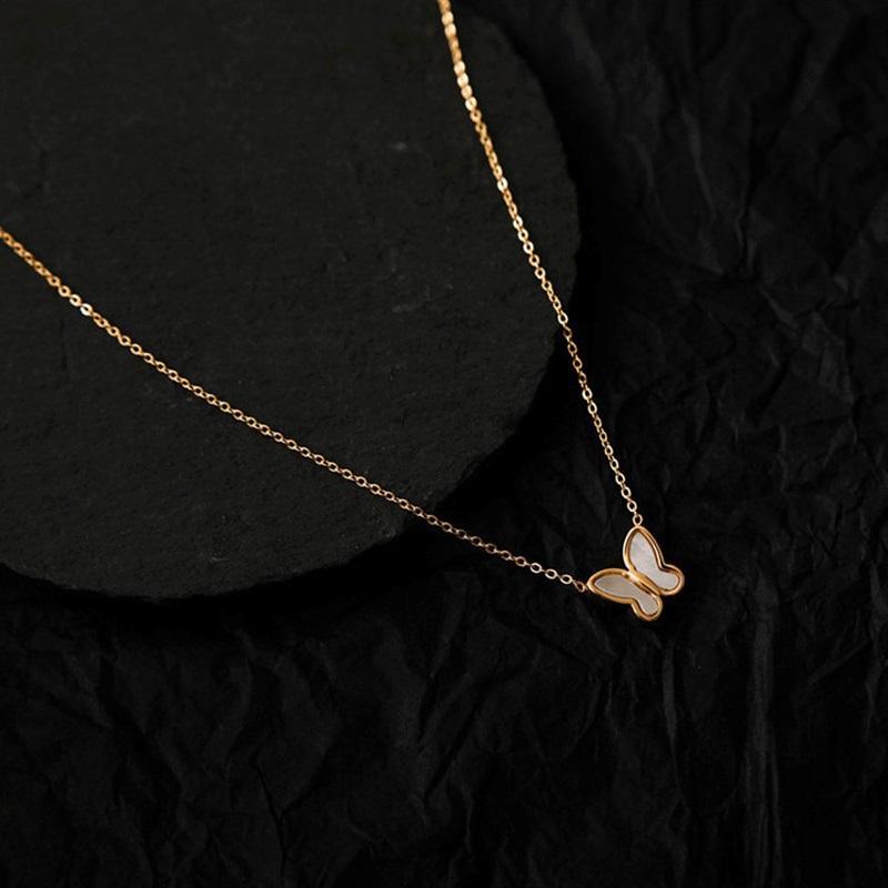 316L Stainless Steel New Fashion Upscale Minimalism Embed Shell Butterfly Charms Chain Choker Necklace Pendant For Women