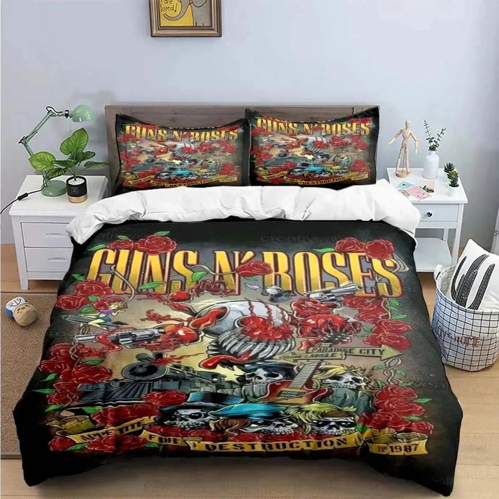 3D Print Guns N Roses GNR Band Retro Printed Bed Set Duvet Cover Pillowcase Bedding Set Linen Sheet Quilt Cover Queen King Size