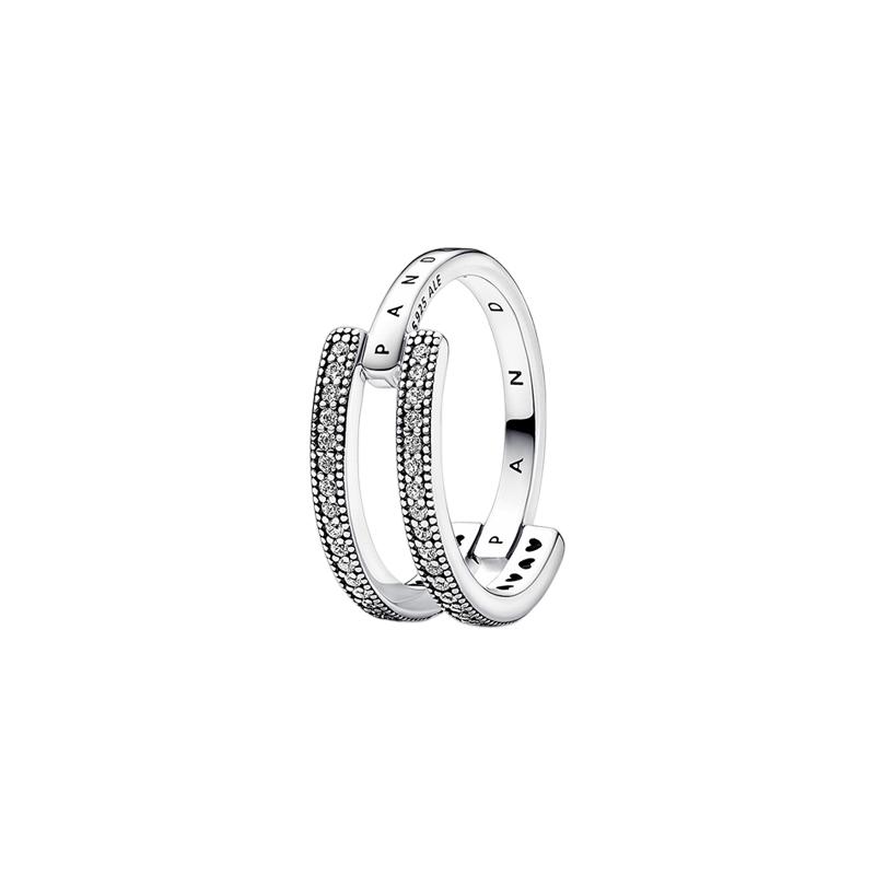 Pandora Pavé pavé logo double ring hollow decoration 925 silver ring women s silver 192779C01