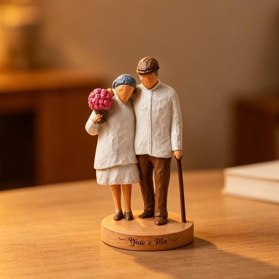 3D Printed Elderly Couple Figurines Old Couples Ornament with Wood Carving Texture Romantic
