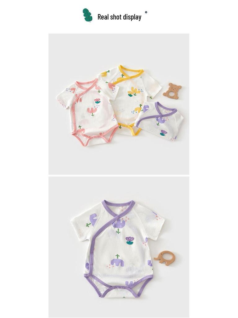 Pure Cotton Short Sleeve Baby Romper - Summer Thin Style for Boys and Girls, One-Piece Triangle Air Conditioning Suit