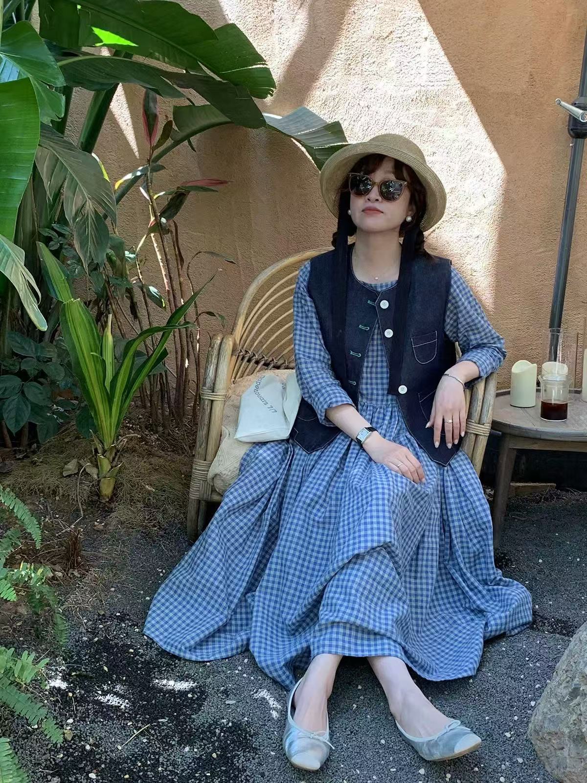 

Spring Japanese dresses crew neck long sleeve blue plaid skirts women s vintage slim long skirts 2XL 【142-150】
