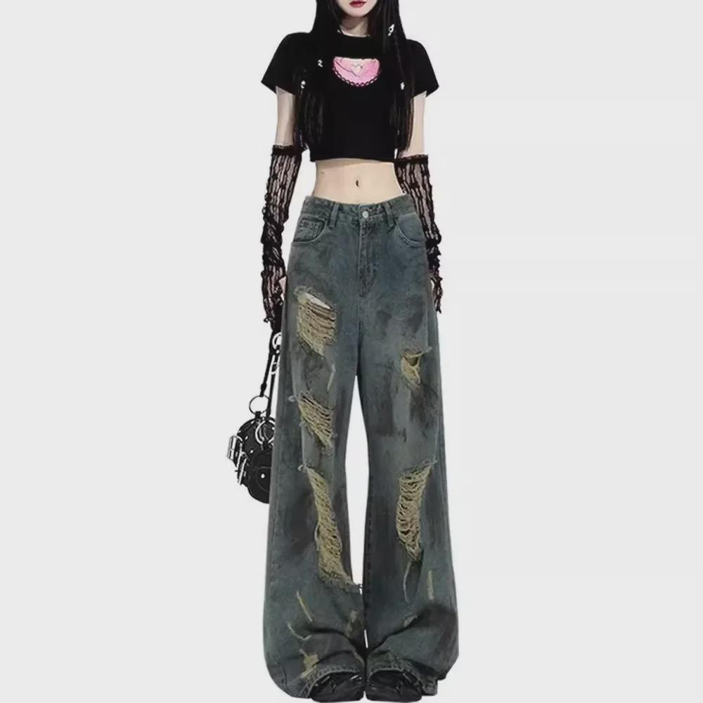 Retro Ink-Splashed Worn-Out Wasteland Jeans: 2024 Korean Niche Loose Drape Mopping Style for Spring & Autumn