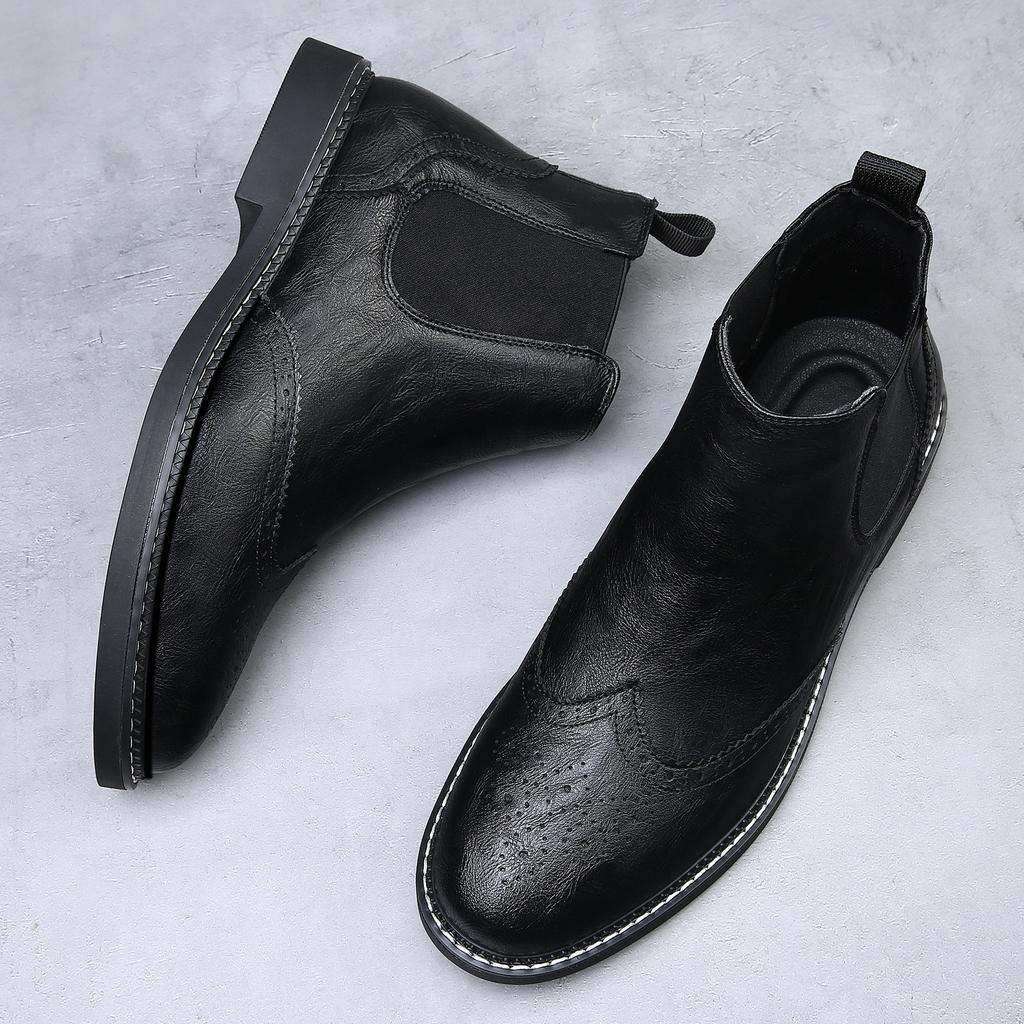 Chelsea Boots Men's British Style Carved Short Boots Soft Leather Retro High-top Men's Leather Boots Autumn and Winter Velvet Martin Boots