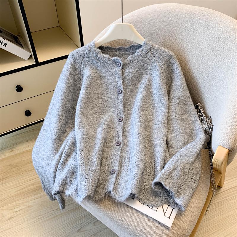 Women's Soft Knit Cardigan with Colorful Lace Collar - Cozy Autumn/Winter Loose Fit Fur Coat