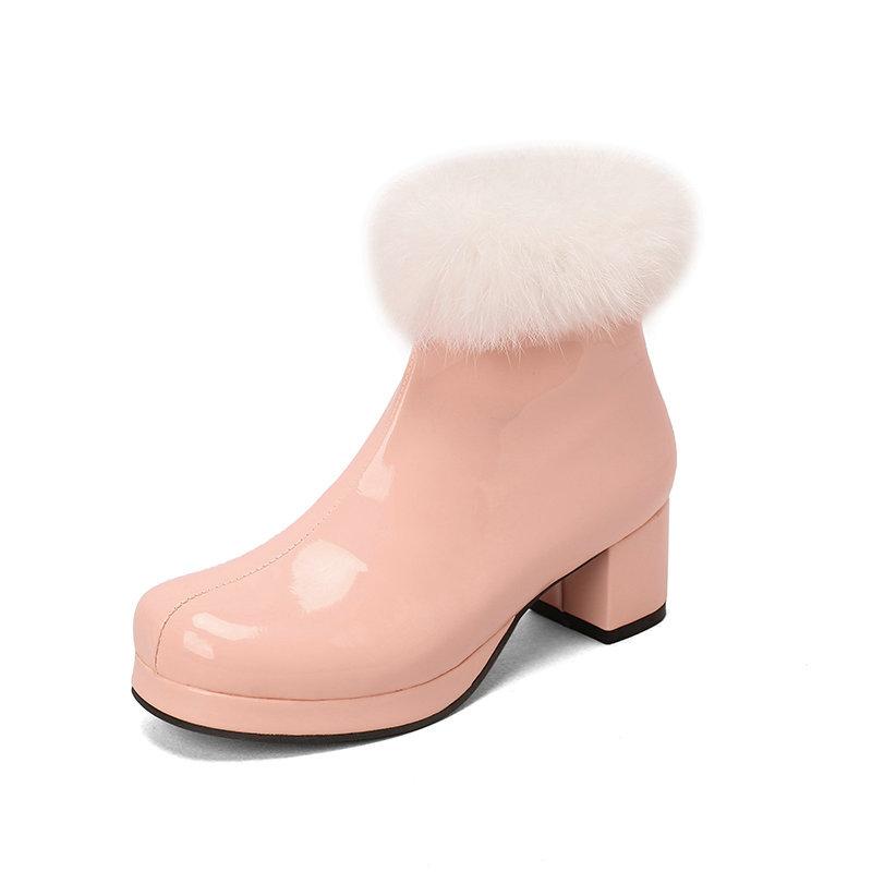 Women's Short Boots Autumn and Winter Patent Leather Thick Heels High Heels Rabbit Fur Side Zipper Warm Cotton Shoes