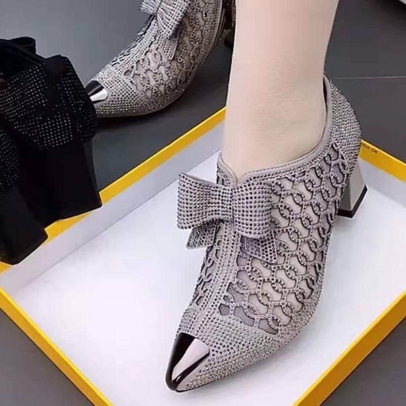 Fashion 2025 New Large 43 Rhinoceros Diamond High Heels Pumps Pointed Black Bow Fashion Network Hollow Women's Fashion Dress Shoes