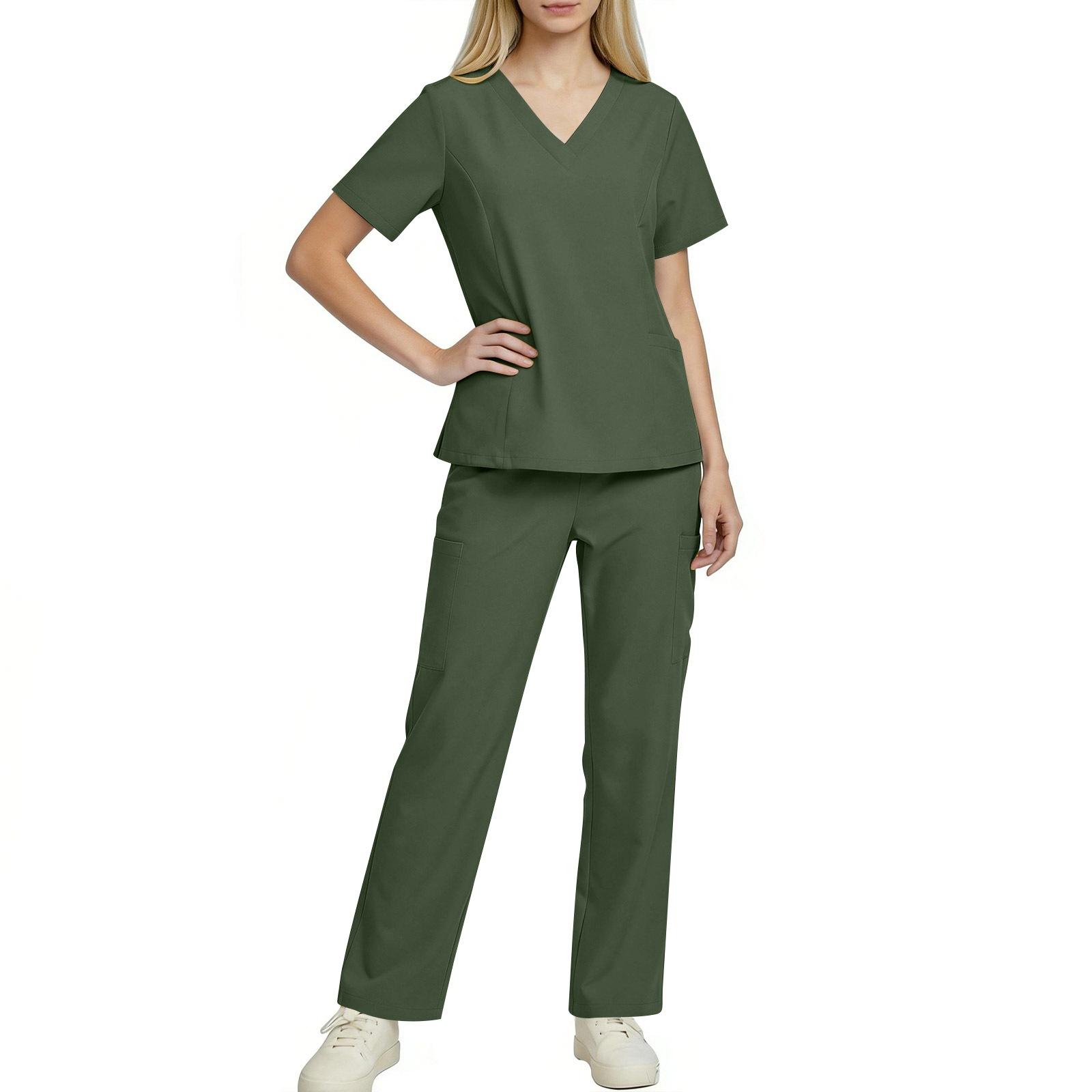 

Women Short Sleeve V Neck Scrub Set Two Piece Uniform Top and Pants for Medical Workwear Healthcare Professionals L армия зеленый