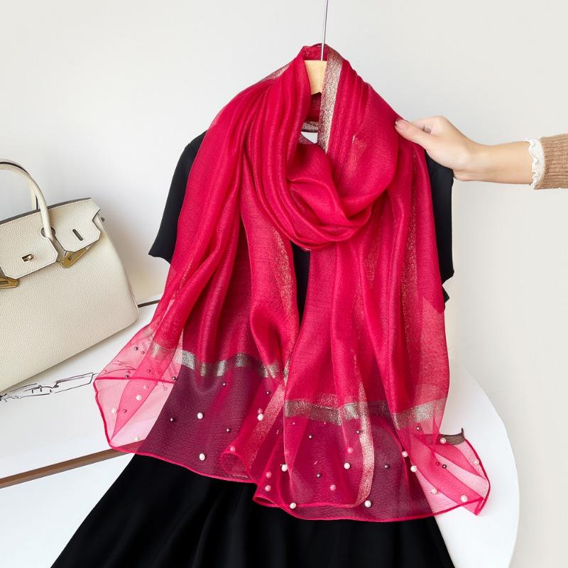 Spring new solid color pearl silk scarf women's imitation silk light large shawl long scarf scarf