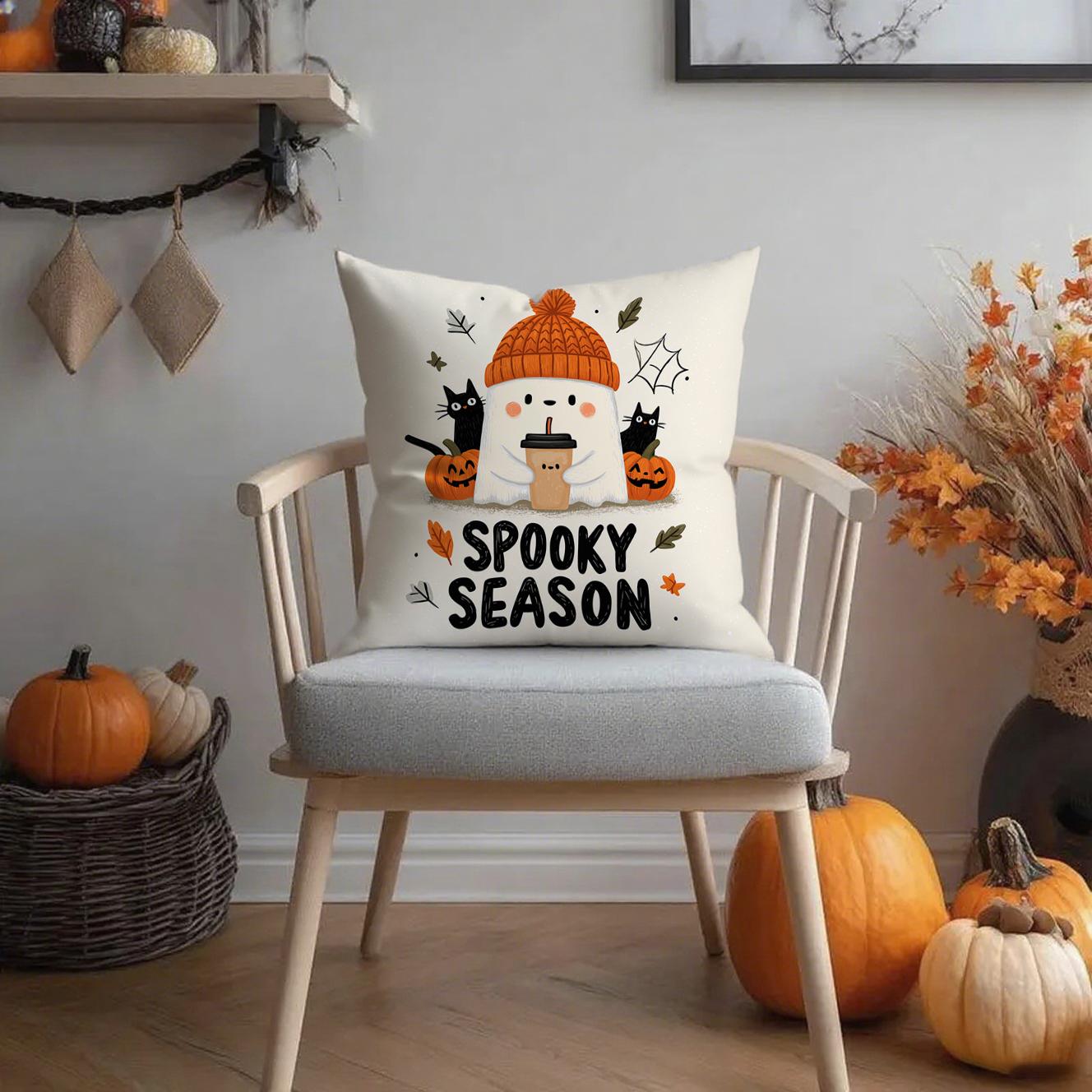 

Halloween Season Ghost And Pumpkin Square Pillow Suitable For Sofas Living Rooms Bedrooms Pillow Covers Pillowcases 18x18Inch