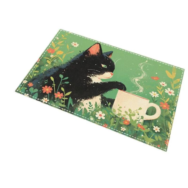 1PC Cartoon Black Cat Print Placemat Dining Table Decor Linen Tableware Coaster Set Kitchen Accessories For Kids Birthday Party