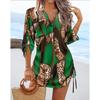 Women's Casual Long-sleeved V-neck Printed Drawstring Short Dress On Both Sides