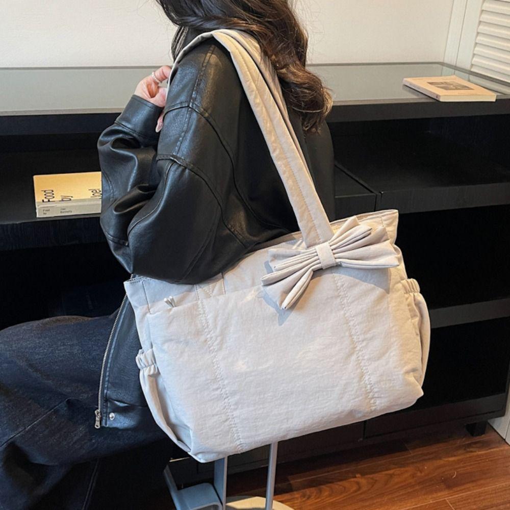 Large Capacity Cotton Padded Shoulder Bag Solid Color Nylon Handbag Bow Tote Bag  Travel Bag