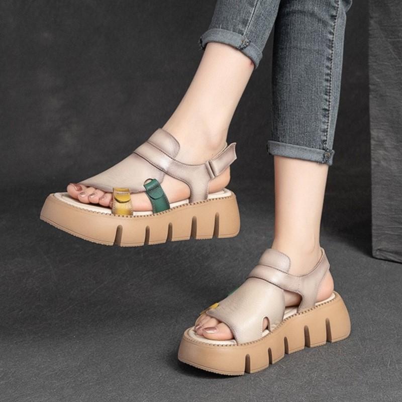 Johnature Γνήσιο δέρμα casual παχιά σόλα Peep Toe Σανδάλια Hollow Breathable Γυναικεία Παπούτσια Πλατφόρμας