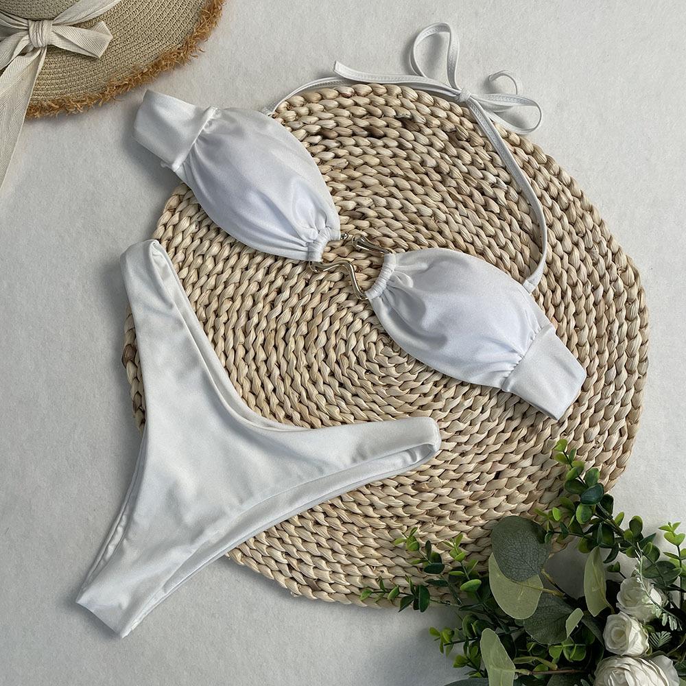 

2025 Женский сексуальный купальник бикини бандо с открытой спиной и лямкой через шею Large белый