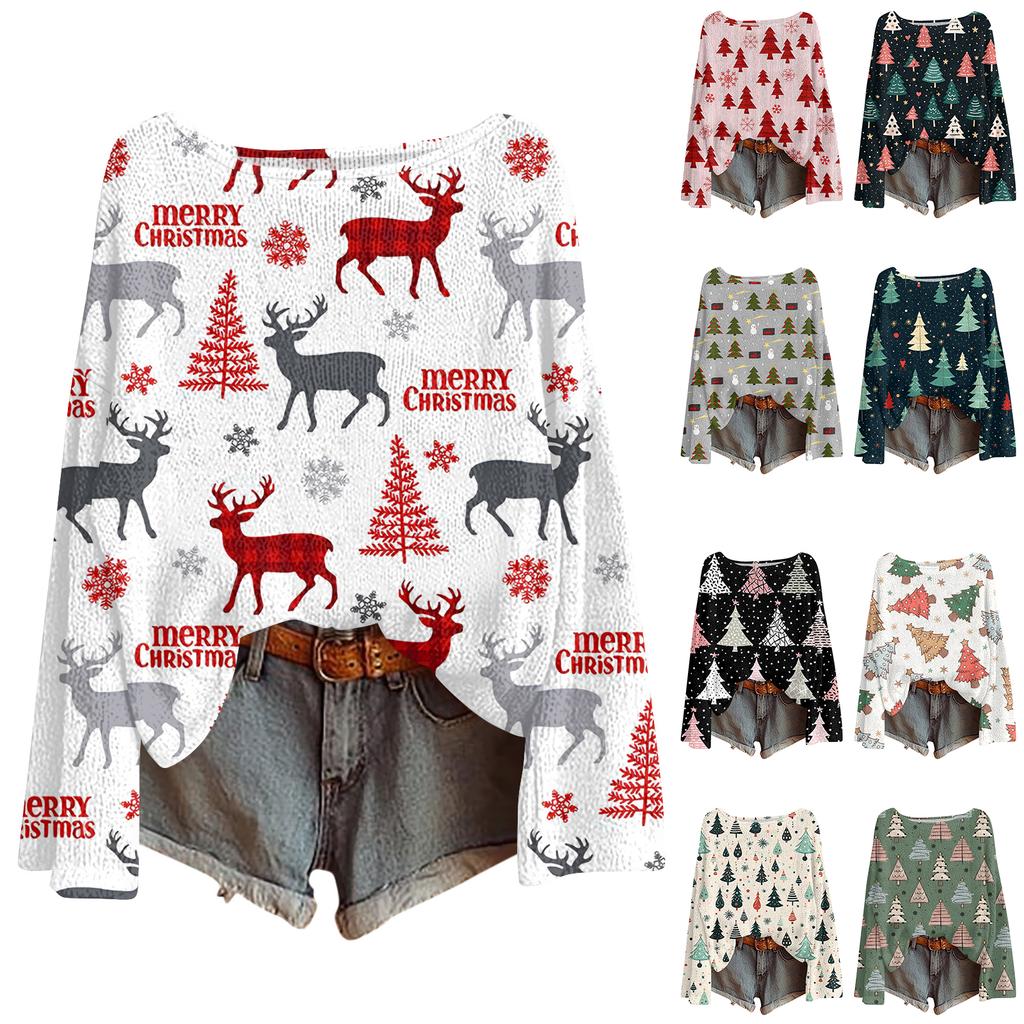 Women's Fashionable Oversized Knitwear Long-Sleeved Christmas Print Top