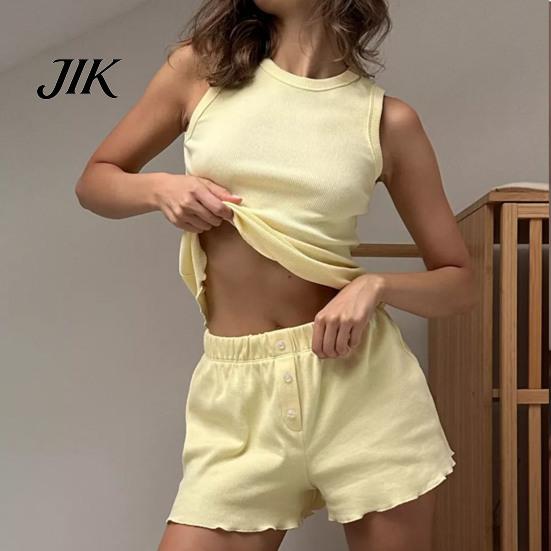 Soft And Skin-friendly Lounge Set Women's Two-Piece Crew Neck Sleeveless Ribbed Tank Top Elegant Outfit Elastic Waist Shorts Summer Casual