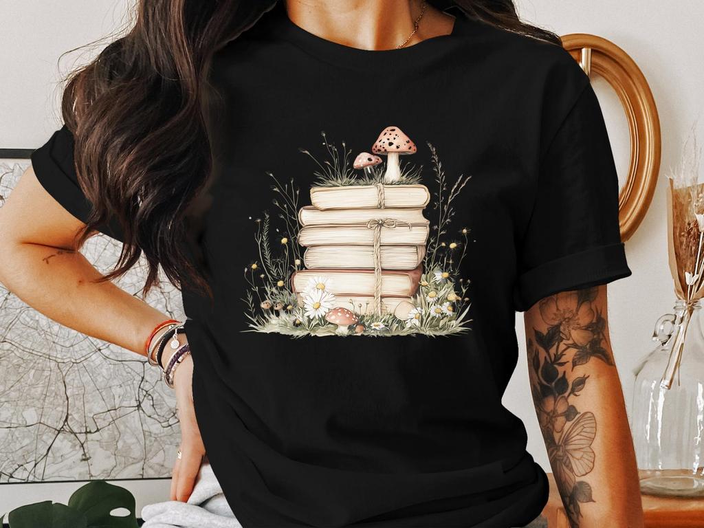 Cottagecore Books and Mushrooms Illustration T-Shirt, Vintage Nature Lovers Tee, Whimsical Literary Nature Art Print Shirt
