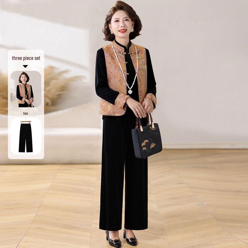 Women's New Embroidered Chinese-Style Velvet Vest with Frog Button - Two-Piece Spring Set