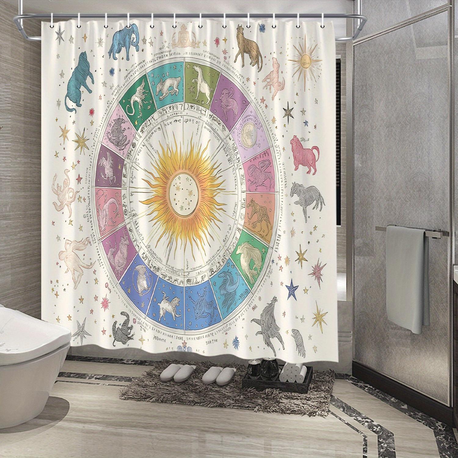 

Zodiac Astrology Shower Curtain - Watercolor Sun & Signs, Vintage Woven Landscapes, Water-Resistant Polyester, Line Dry W60H190(CM)-1 Pcs