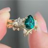 Inele delicate pentru femei Culoare aurie Picătură de apă Floare Frunză Inele cu piatră verde alb Set Accesorii petrecere Cadou