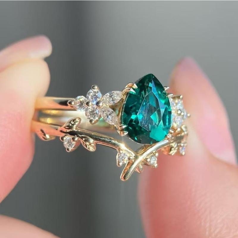 Inele delicate pentru femei Culoare aurie Picătură de apă Floare Frunză Inele cu piatră verde alb Set Accesorii petrecere Cadou