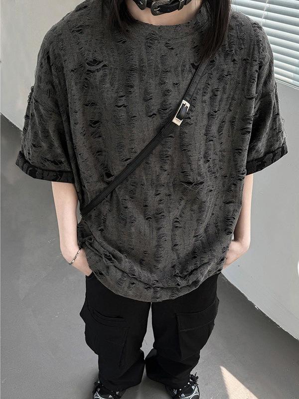 Wasteland-Style Niche Hollow-Out Ripped Men's Heavyweight T-Shirt with Small Neckline