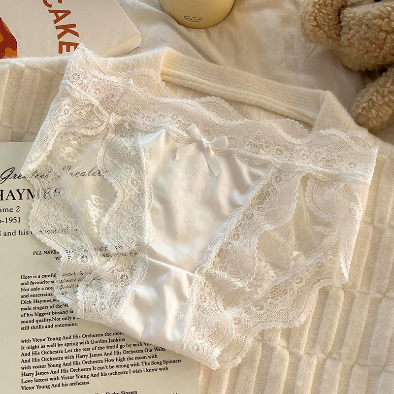 Female Summer Thin Sexy Lace Bow Pure Desire Satin Breathable High Split Low Waist Triangle Briefs