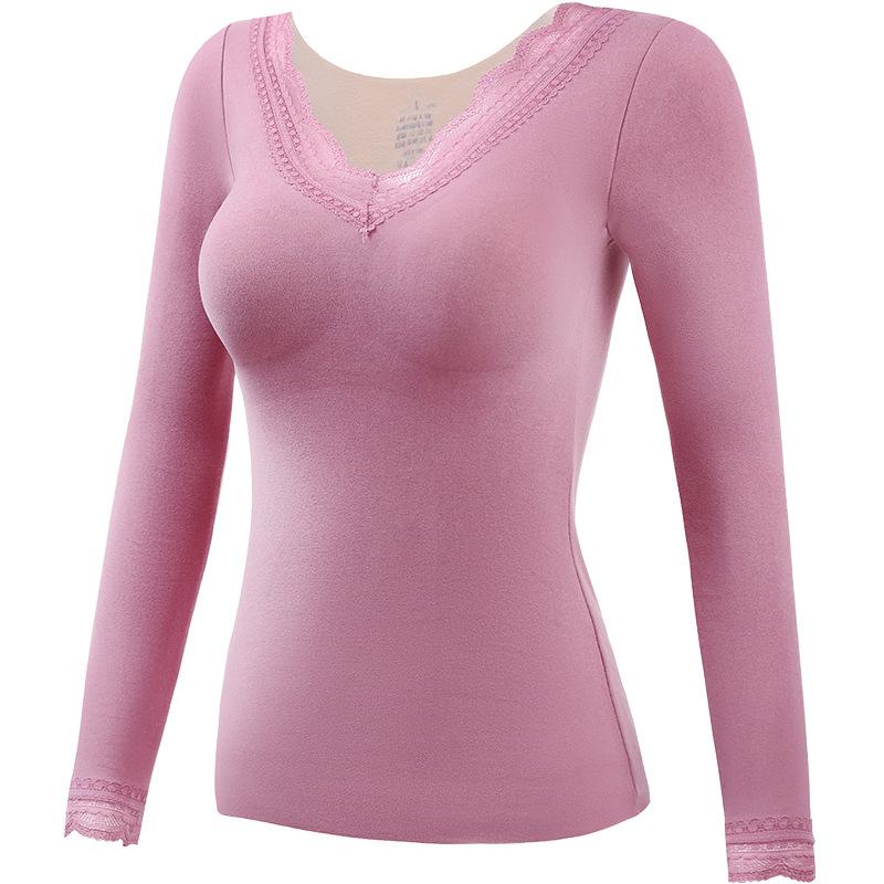 Lace Trim V Neck Thermal Long Sleeve Top With Built In Bra