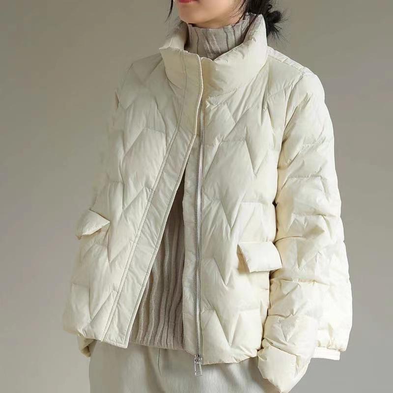 Cappotto da donna in piumino d'anatra bianco, casual, con collo alto, tasche con cerniera, parka, giacca leggera e ampia
