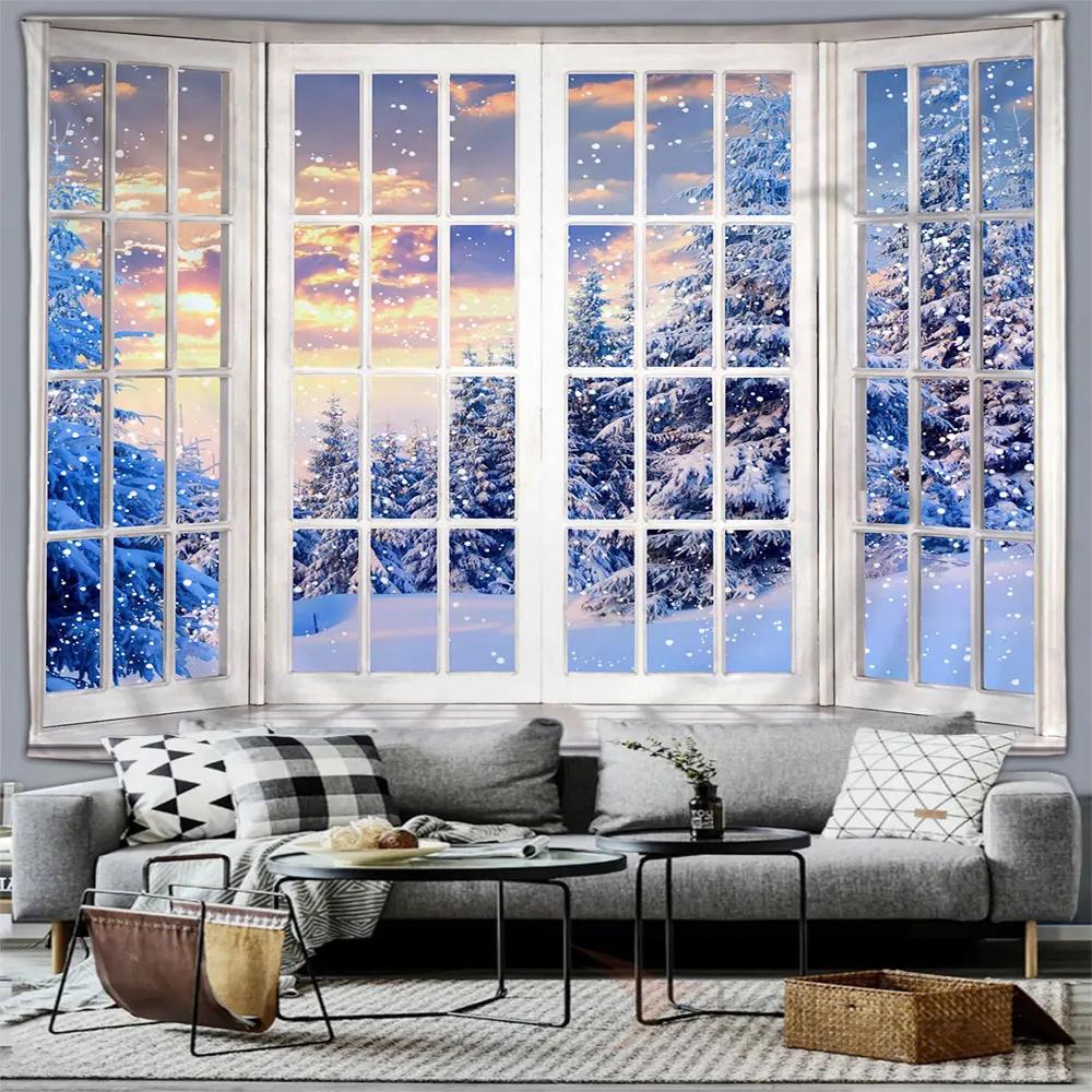 Winter Forest Snow Scene Tapestry Wall Hanging Christmas Tree Happy New Year Bedroom Living Room Home Decoration