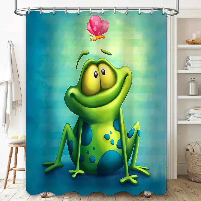 Cartoon Frog Pattern Waterproof Mold-Proof Shower Curtain Cute Creative Bathroom Accessory For Home Use With Complimentary Hook