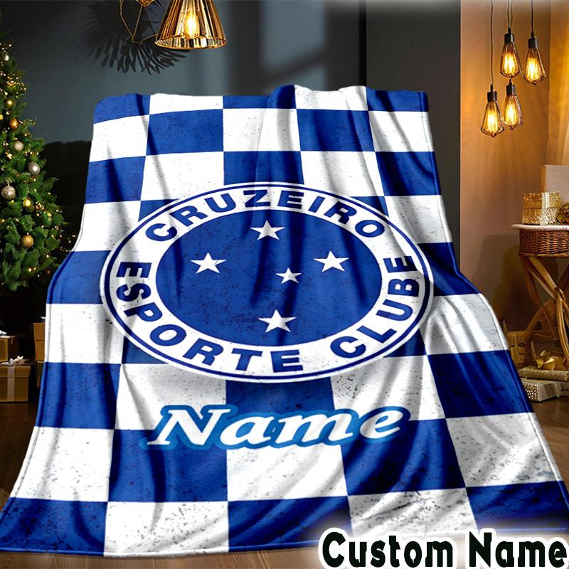 Custom Name Cruzeiro FC Crest Throws Blanket Flannel Blankets for Couch Bed Gifts for Men Women Picnic blanket Christmas fan gifts