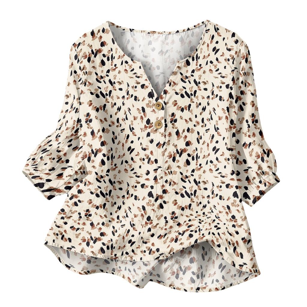 Camisa de Algodón y Lino para Mujer con Estampado, Mangas Tres Cuartos
