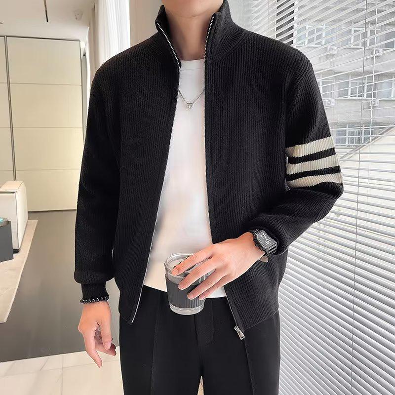 

Мужской модный вязаный кардиган в стиле колор-блок - Осенне-зимний свитер с отложным воротником 2XL