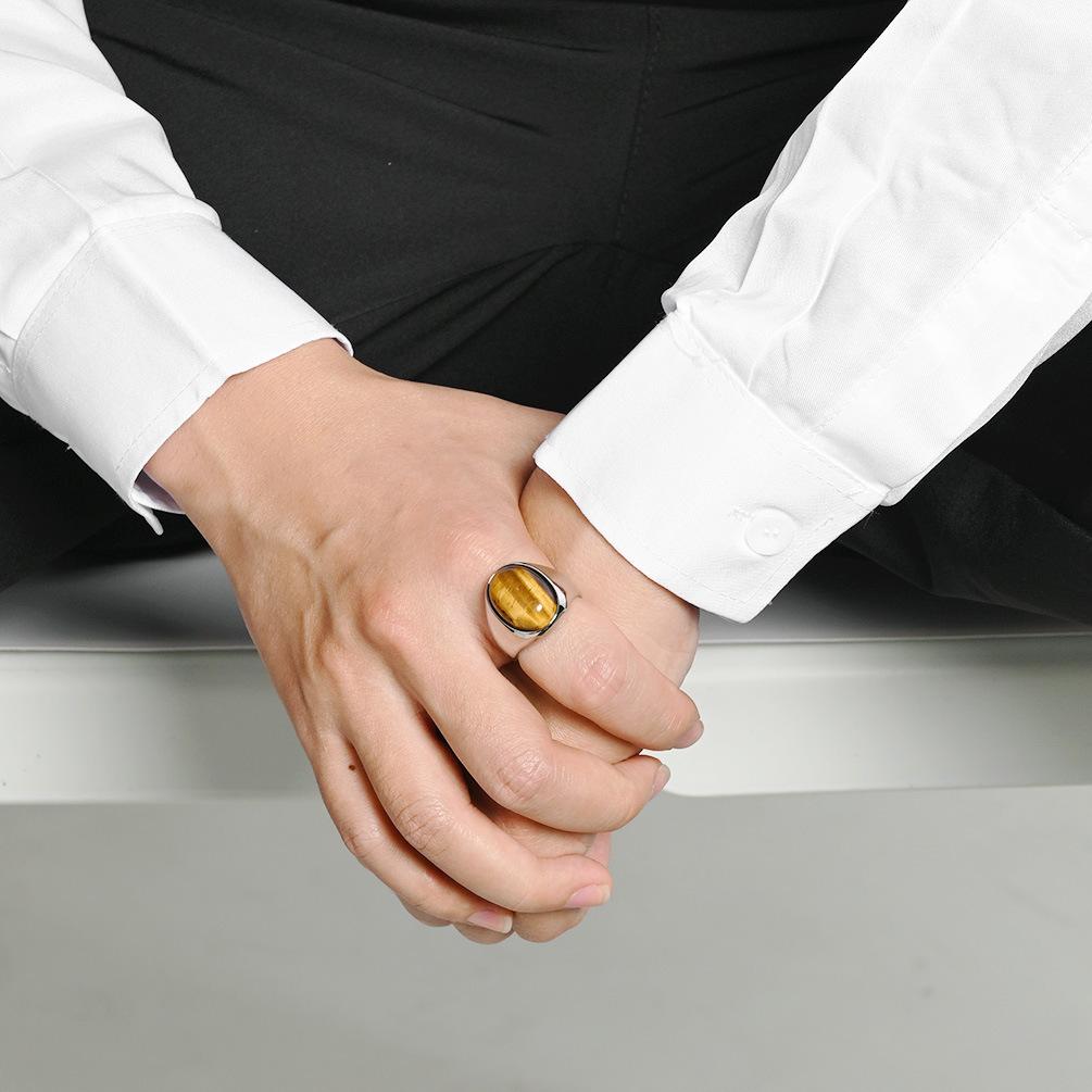 Trend Jewelry Oval Egg-shaped Tiger's Eye Stone Ring Men's Niche Literary High-end Titanium Steel Index Finger Ring