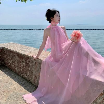 Pink Fairy Stunning Wedding Engagement Robe Dress Bride French High-end Neck Halter Dress