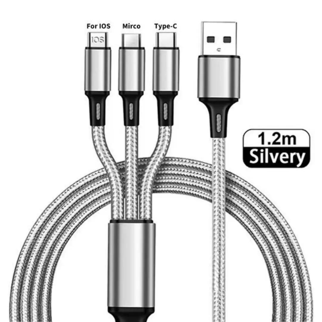 3 в 1 USB-кабель для быстрой зарядки типа C Micro IOS, универсальный зарядный кабель для iPhone, Huawei, Samsung, нейлоновый плетеный шнур 1.2m