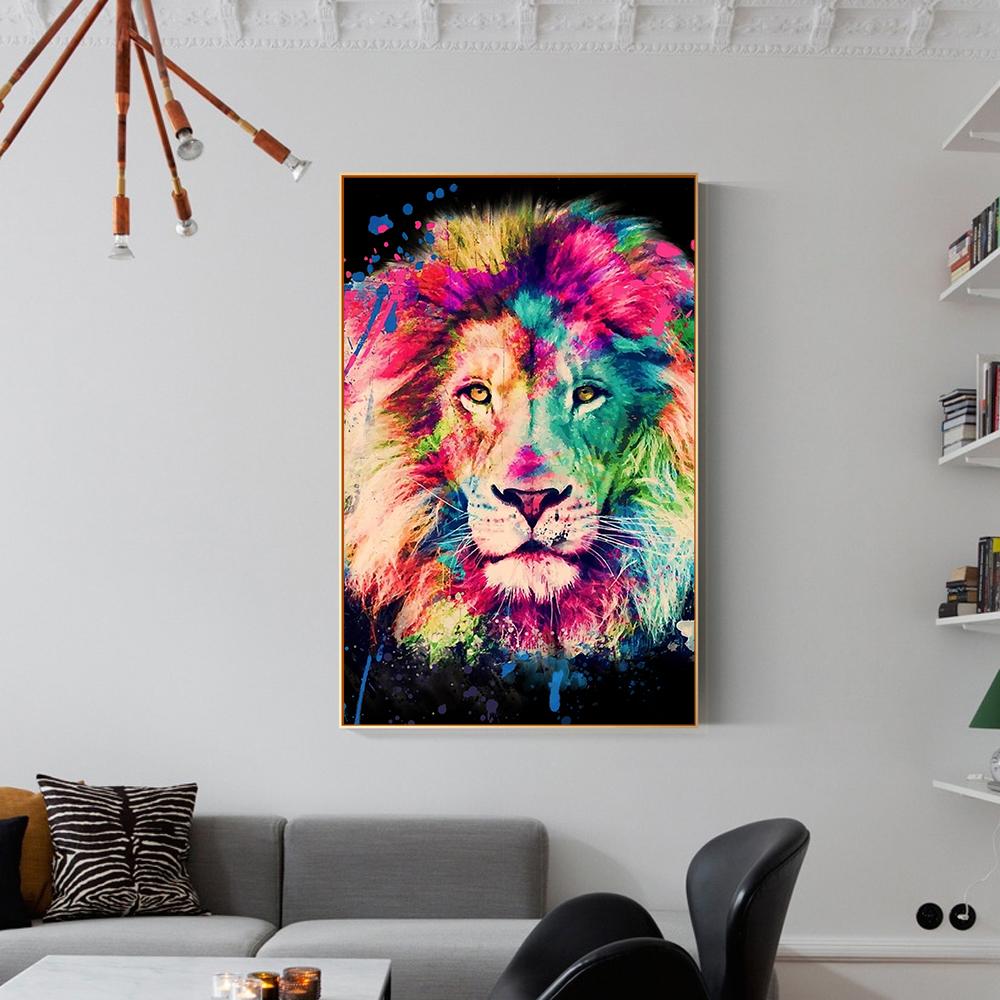 Nástenné maľby na plátne s farebným levom Severské plagáty a nástenné obrazy Obrázky zvierat do obývačky Cuadros Home Decor